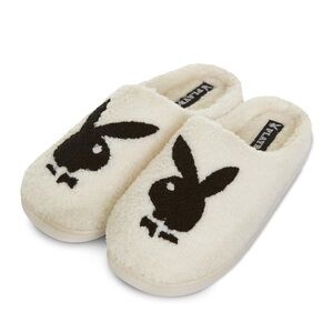 NWT PLAYBOY Velour Plush Slippers Cream Off White w/ Black Playboy Bunny Logo